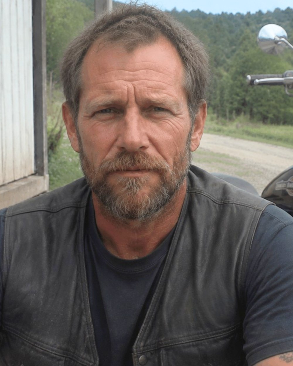 Curtis Vann outside his garage, beside his motorcycle